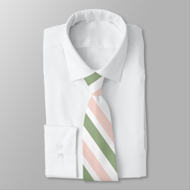 Blush Pink White Sage Green Stripes Tie (Tied)