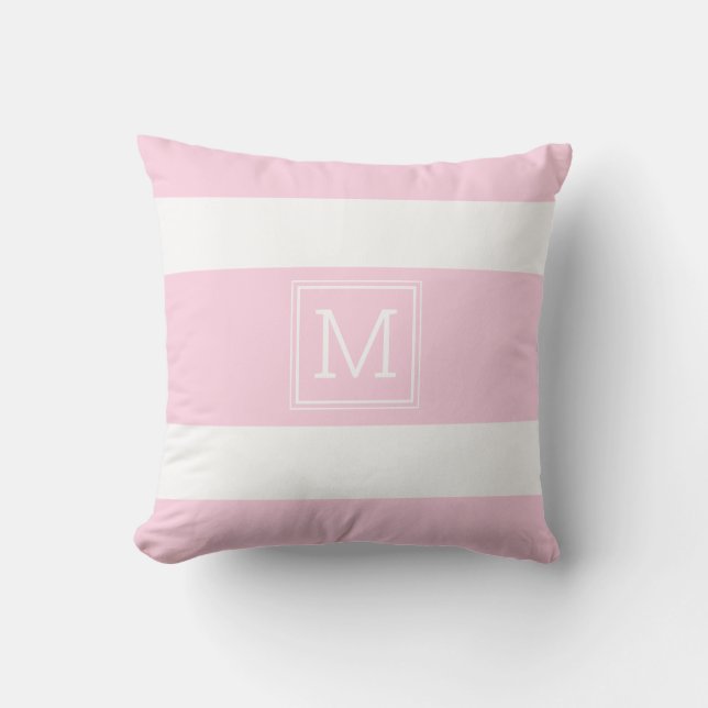 Blush Pink, White Stripes Simple Monogram Custom Outdoor Pillow (Front)