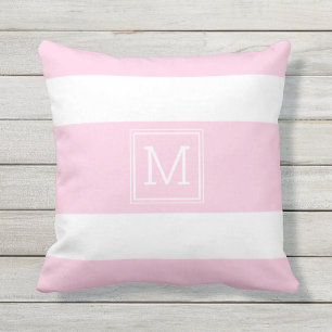 Blush Pink, White Stripes Simple Monogram Custom Outdoor Pillow