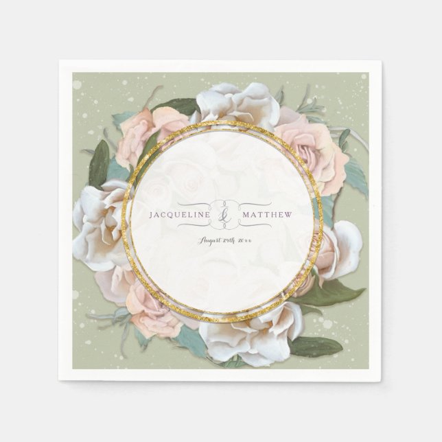 Blush Pink Wild Roses Floral Art Wreath Faux Gold Napkin (Front)