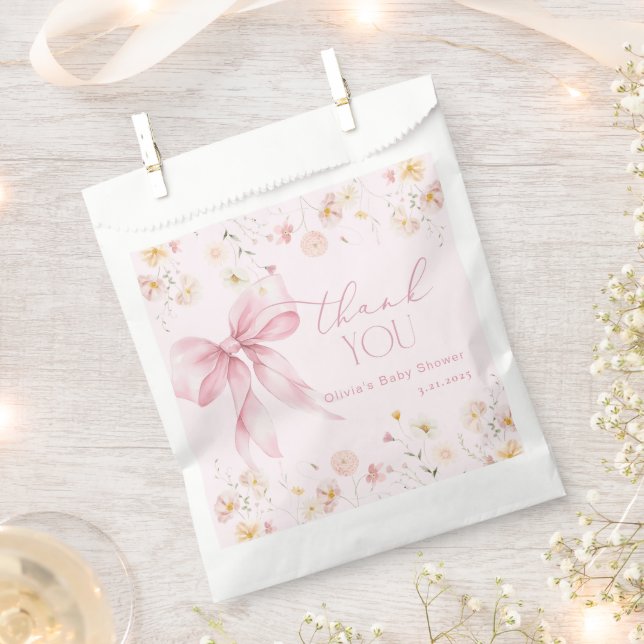 Blush Pink Wildflower Bow Baby in Bloom Favour Bag (Clipped)