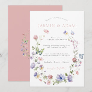 Blush Pink Wildflower Butterfly Monogram Wedding Invitation