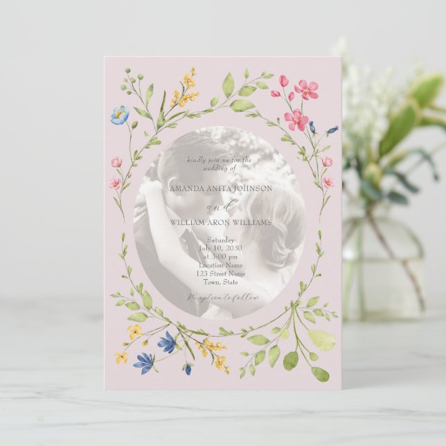 Blush Pink Wildflower Photo Wedding Invitation (Standing Front)