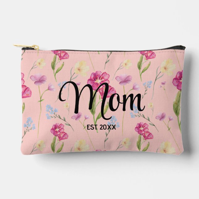 Blush Pink Wildflower Script Mom Established  Accessory Pouch (Front)