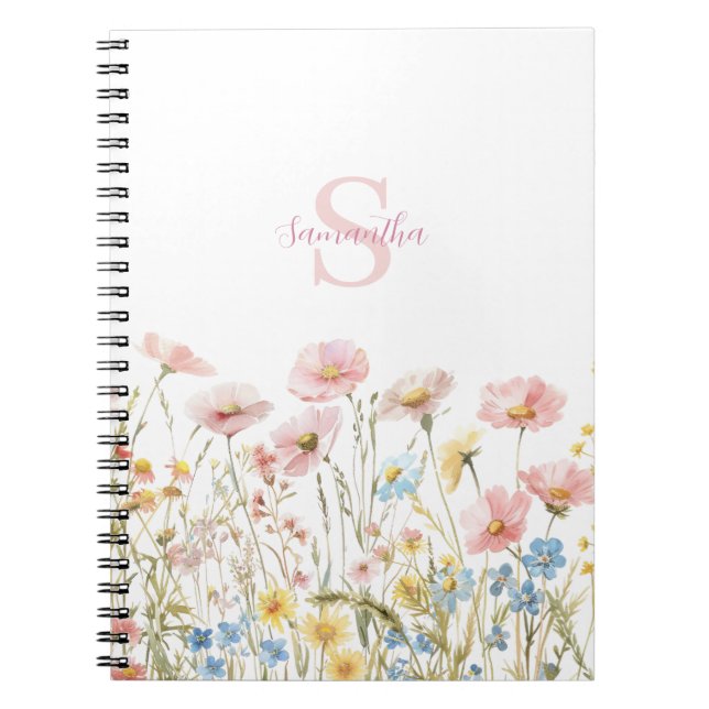 Blush Pink Wildflower Watercolor Monogram Name Notebook (Front)