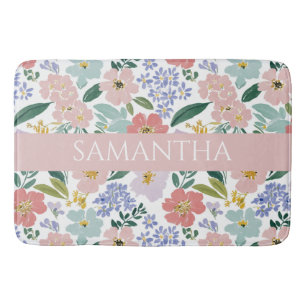 Blush Pink Wildflower Watercolor Name Bath Mat