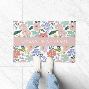 Blush Pink Wildflower Watercolor Name Doormat