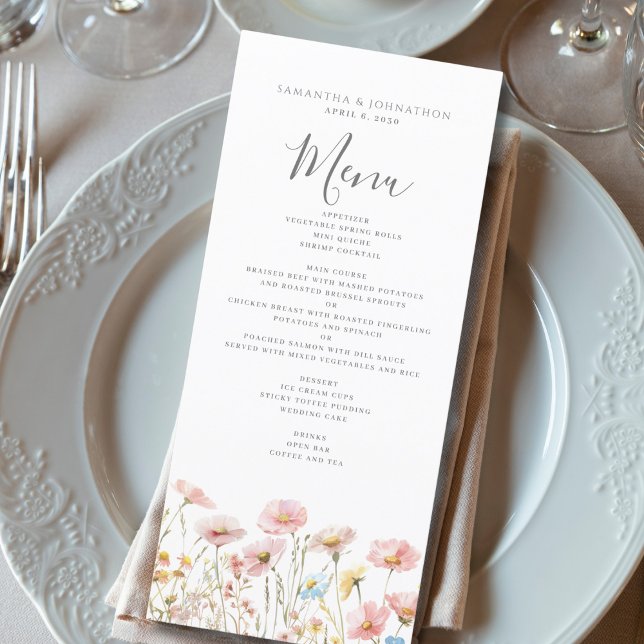 Blush Pink Wildflower Watercolor Wedding Flat Menu (Creator Uploaded)