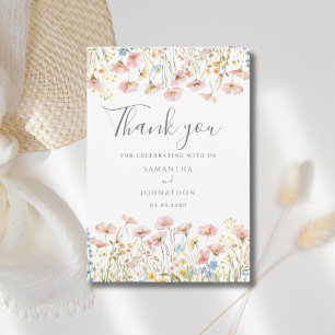 Blush Pink Wildflower Wedding Flat Thank You Card