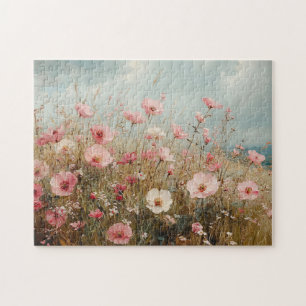 Blush Pink Wildflowers Scenic Painting Jigsaw Puzzle