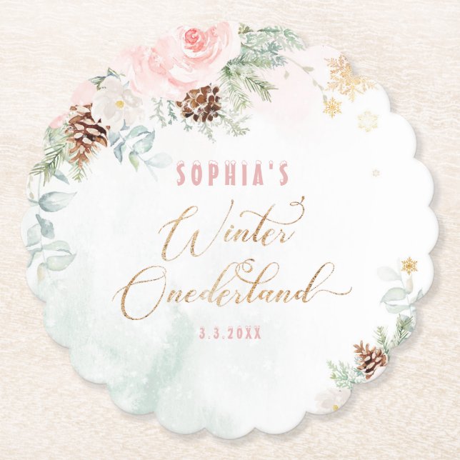 Blush pink winter onederland girl birthday paper coaster (Front)