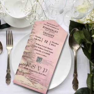 Blush Pink Winter Scene Snowy Pine Tree Christmas All In One Invitation