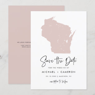 Blush Pink Wisconsin Map Minimalist Script Wedding Save The Date