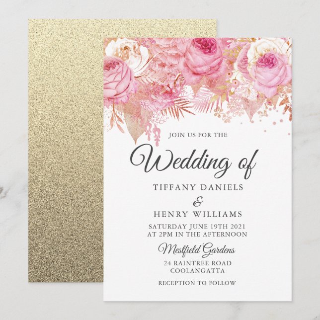 Blush Pink With Gold Floral Elegant Wedding Invitation (Front/Back)