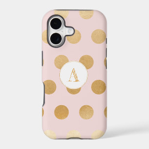 Blush pink with large gold polka dots, monogram