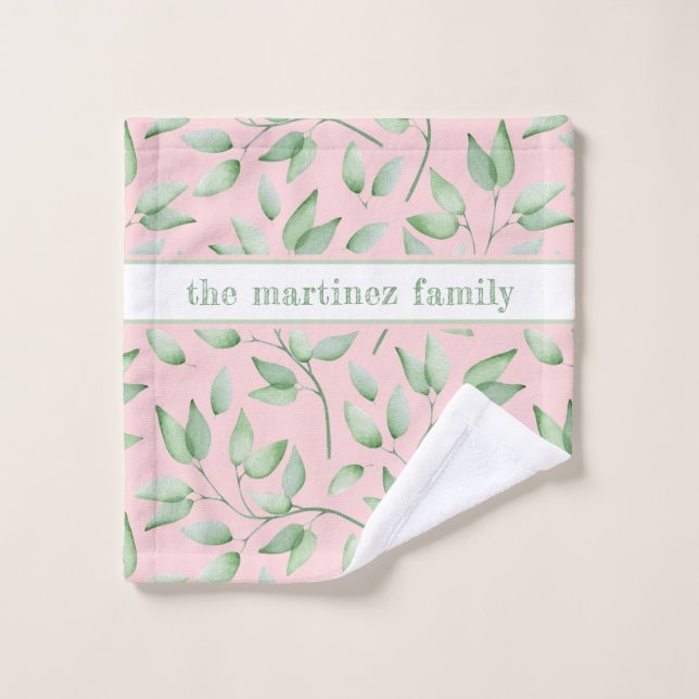 Blush Pink with Watercolor Leaves and Name Wash Cloth (Wash Cloth)