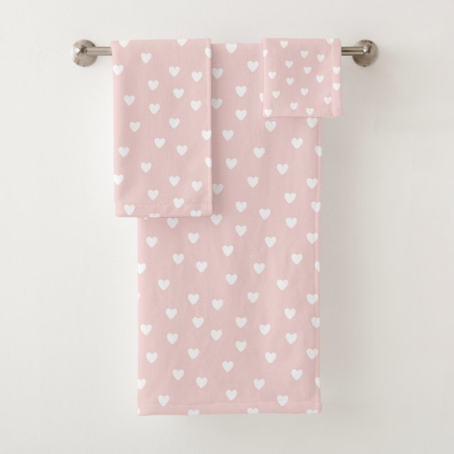 Blush Pink with White Hearts Bath Towel Set (Insitu)
