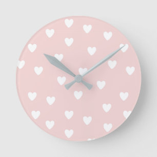 Blush Pink with White Hearts   Kids or Nursery Round Clock
