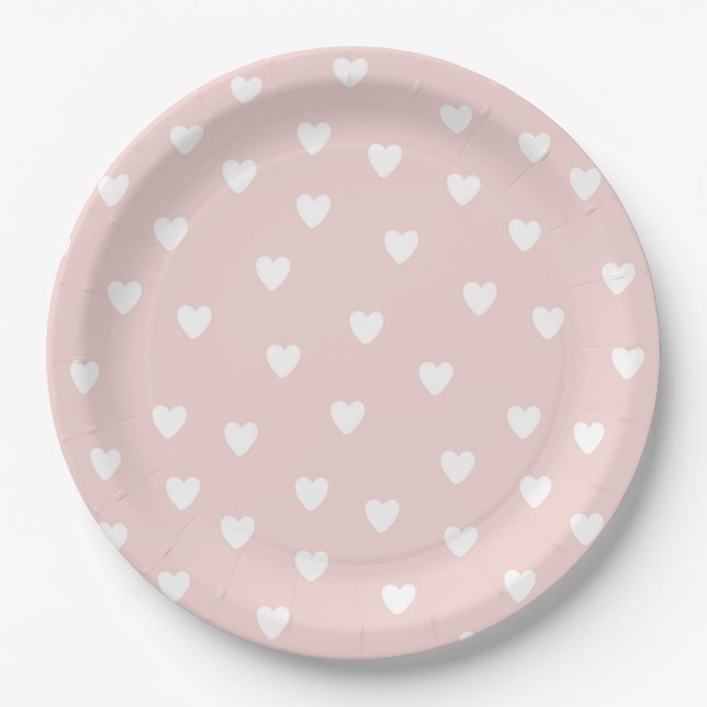 Blush Pink with White Hearts Paper Plate (Front)