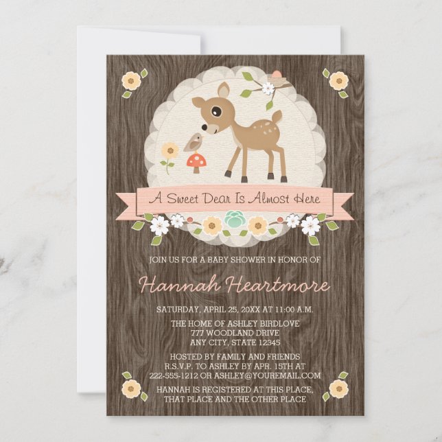 BLUSH PINK WOODLAND DEER BABY SHOWER INVITATION (Front)