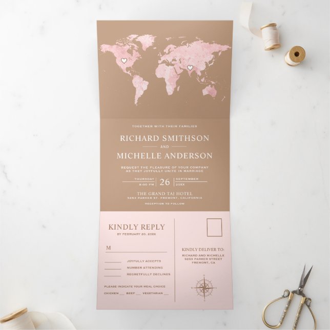 Blush Pink World Map Beige Tan All in One Wedding Tri-Fold Invitation (Inside)