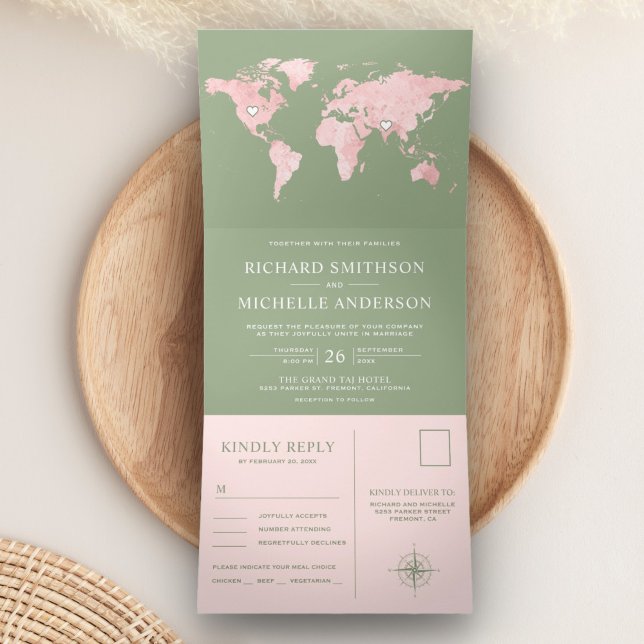Blush Pink World Map Sage Green All in One Wedding Tri-Fold Invitation (Creator Uploaded)