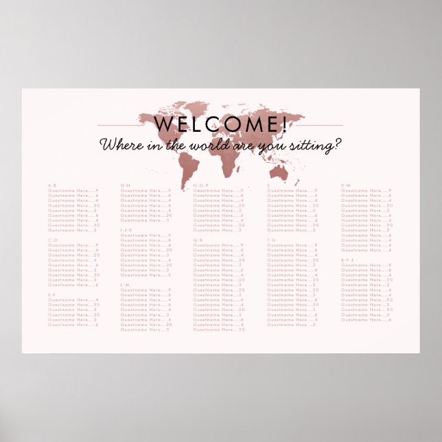 Blush Pink World Map Travel Theme Seating Chart (Front)