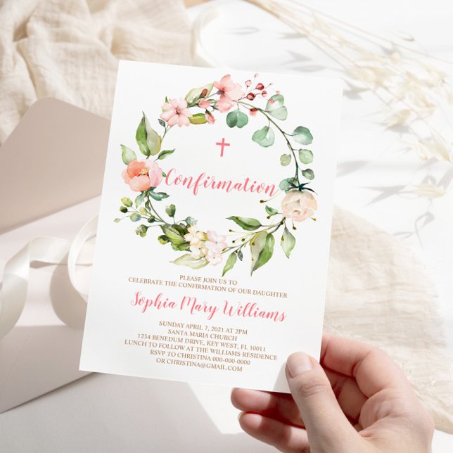 Blush Pink Wreath Baby Girl Confirmation Invitation (Creator Uploaded)