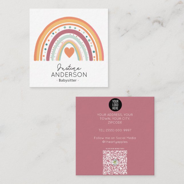 BLUSH pinks orange SCANDI HEART RAINBOW BABYSITTER Square Business Card (Front/Back)