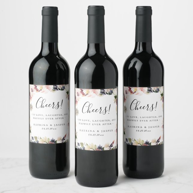 Blush Plum Rustic Floral Frame Wedding Wine Label (Bottles)