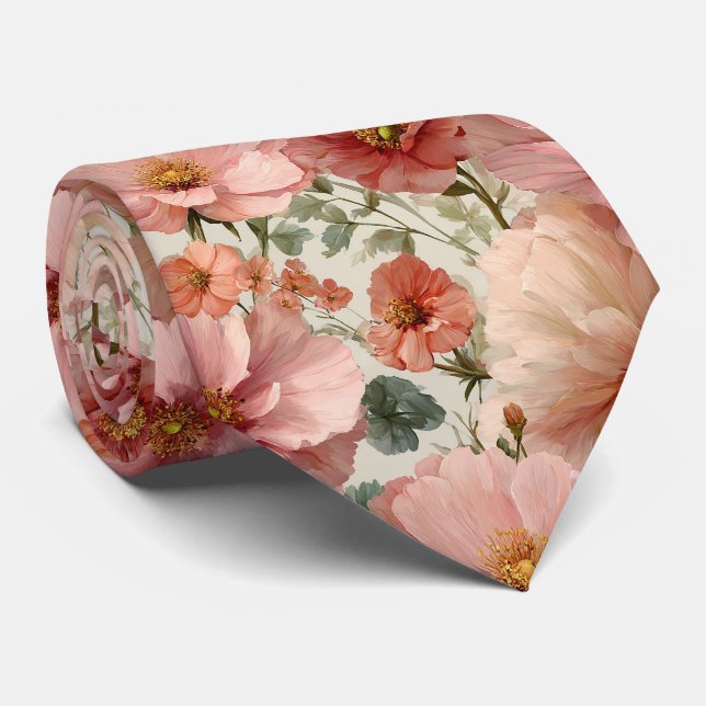 Blush Poppies Botanical Wedding Tie (Rolled)