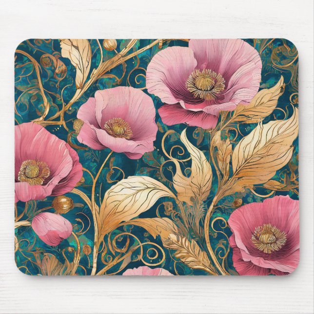 Blush Poppy Scroll  - Art Nouveau Floral Mouse Pad (Front)