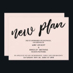 Blush Postponed Wedding Announcement New Plan Card<br><div class="desc">This suite's distinction is due to the modern, handwritten script used for accent phrases. In this piece, the hand-lettered font was used to create a graphic simple depicting the word "new plan", large and bold. Use the template fields to add your personal details and make this unique, modern design your...</div>