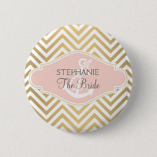 Blush Preppy Chevron Stripe Modern Nautical Anchor 2 Inch Round Button