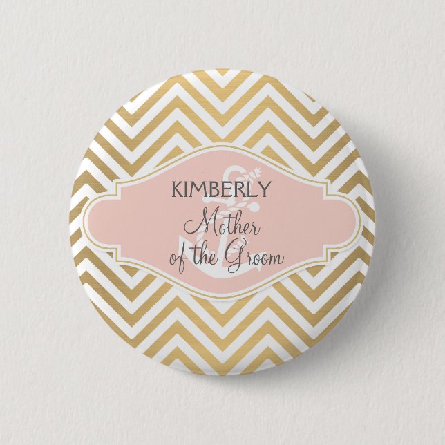 Blush Preppy Chevron Stripe Modern Nautical Anchor 2 Inch Round Button (Front)