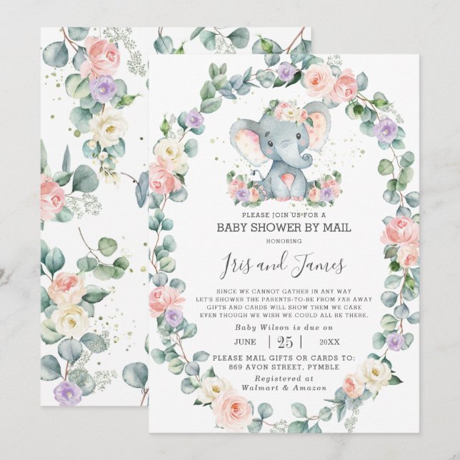 Blush Purple Floral Elephant Baby Shower by Mail Invitation (Front/Back)