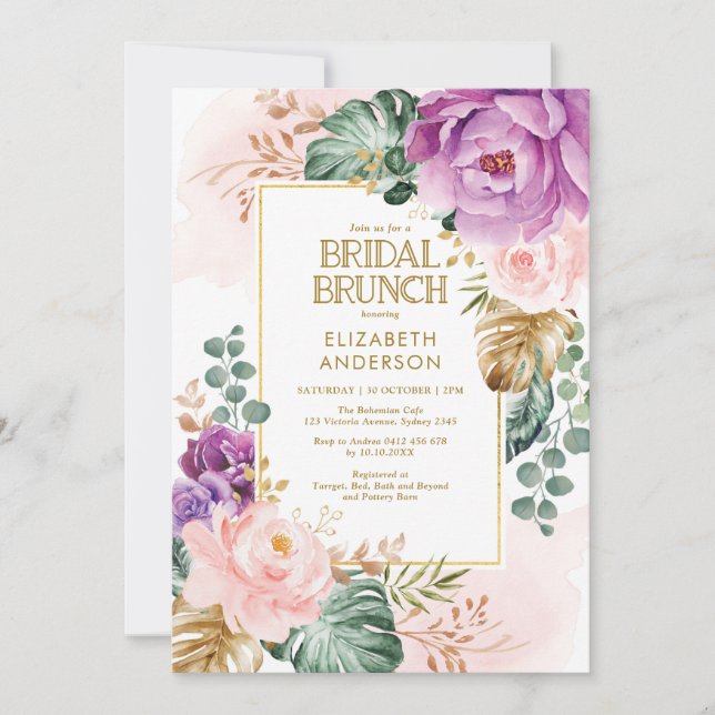 Blush Purple Roses Tropical Greenery Bridal Brunch Invitation (Front)