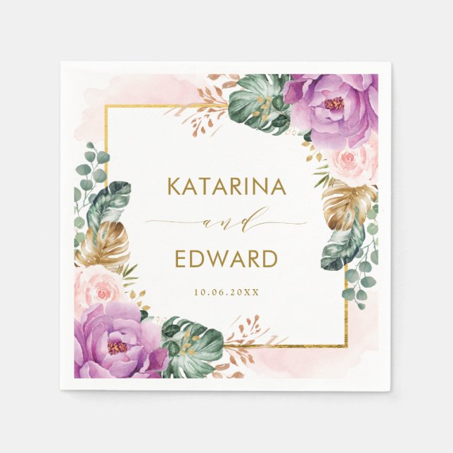 Blush Purple Tropical Floral Greenery Wedding Napkin (Front)