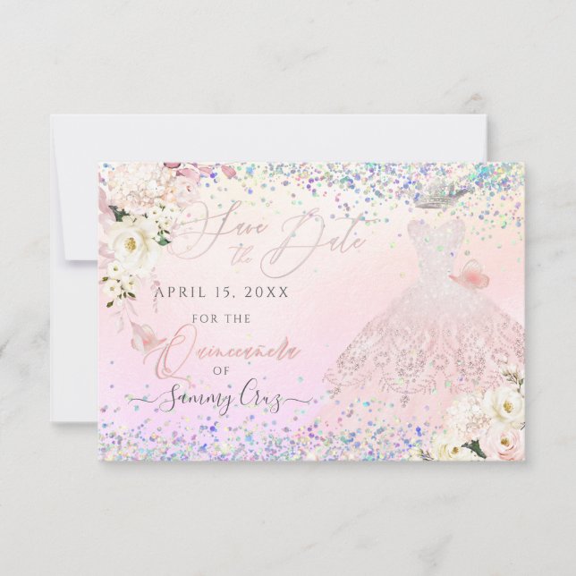 Blush Quinceanera Save Date Holographic Confetti I Invitation (Front)