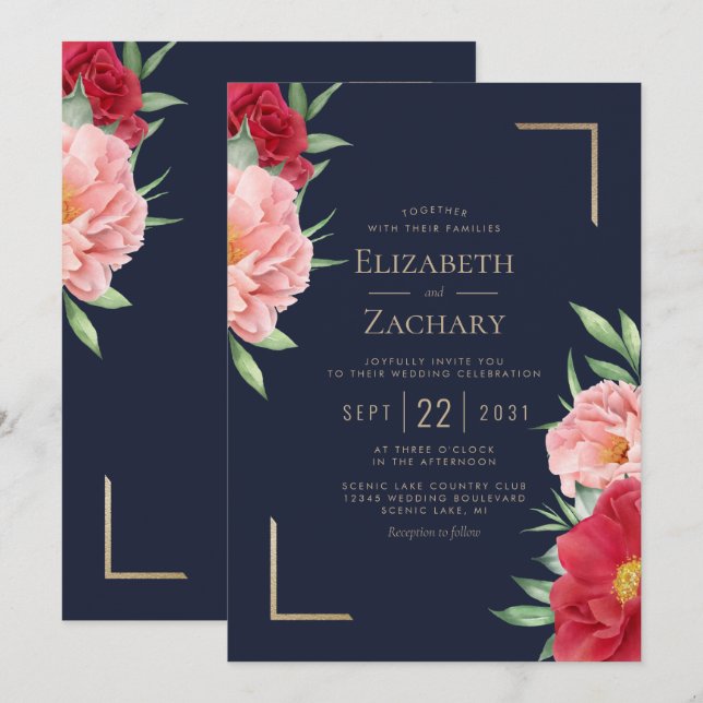 Blush Red Floral Navy Blue Gold Wedding Invitation (Front/Back)