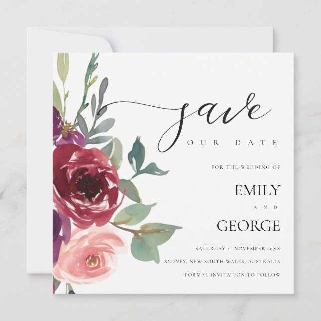 BLUSH RED MARSALA ROSE FLORAL SAVE THE DATE CARD (Front)