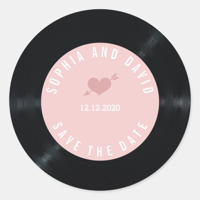Blush Retro Vinyl Record Wedding SAVE THE DATE Classic Round Sticker (Front)