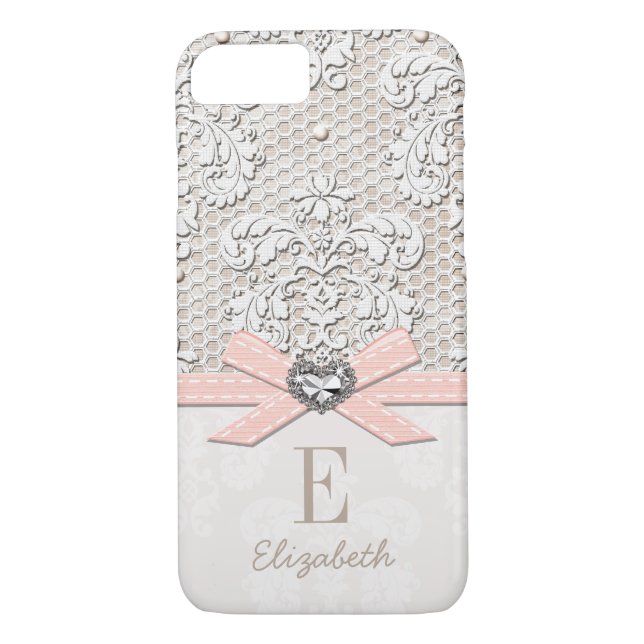 Blush Rhinestone Heart Look Printed Lace and Bow Case-Mate iPhone Case (Back)