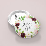 Blush Romance Flower Girl 2 Inch Round Button<br><div class="desc">Identify the key players at your bridal shower with our elegant,  sweetly chic floral buttons. Button features a blush pink and burgundy marsala watercolor floral wreath with "flower girl" inscribed inside in hand lettered script.</div>