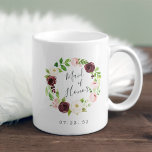 Blush Romance Maid of Honour Coffee Mug<br><div class="desc">A sweet and elegant gift for your bridal party,  mug features a blush pink and burgundy watercolor floral wreath with "maid of honour" inscribed inside in hand lettered script. Personalize with your wedding date beneath. Designed to match our Blush Romance collection.</div>