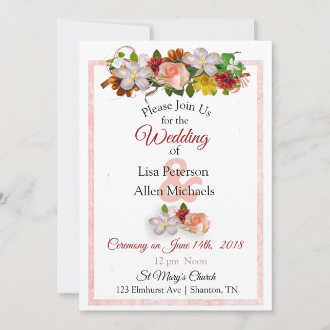 Blush Rose and Maroon Floral Wedding Invitation (Front)