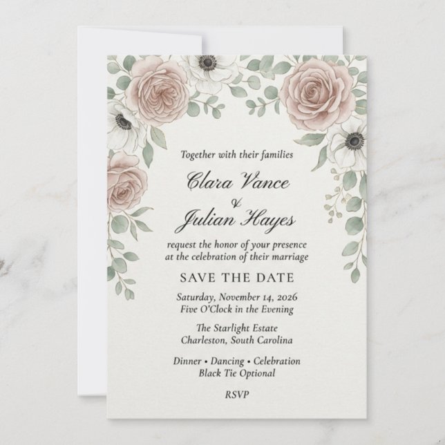 Blush Rose & Anemone Elegant Wedding Invitation  (Front)