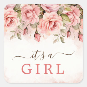 Blush Rose Baby Shower It's A Girl Square Sticker