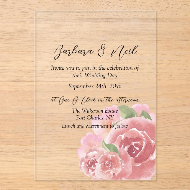 Blush Rose Botanical Acrylic Invitations (Front)