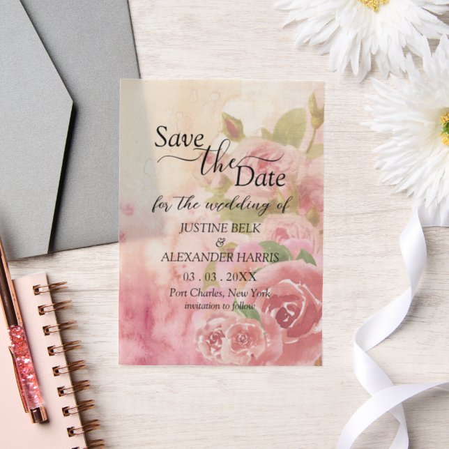 Blush Rose Botanical Save the Date Vellum Invitations (Wedding)